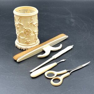 Vintage Faux Ivory Celluloid Manicure Set Dragon Floral Carved Germany Scissors